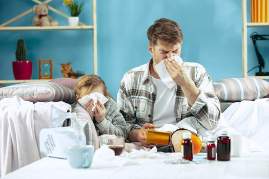 sick man with daughter home home treatment fighting with desease medical healthcare