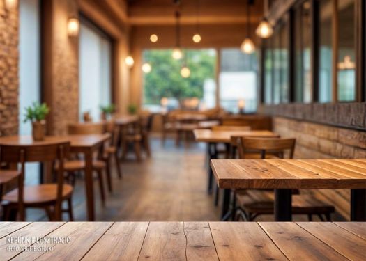 Empty wood table with blur interior outdoor space coffee restaurant or cafe for background