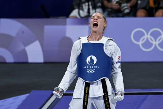 Párizs, 2024. augusztus 9.Az aranyérmes Márton Viviana a nõi tekvondósok 67 kilogrammos versenyének döntõjében a 2024-es párizsi nyári olimpián a Grand Palais kiállítócsarnokban 2024. augusztus 9-én.MTI/Illyés Tibor