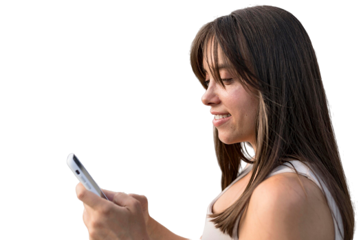 side view beautiful young woman smiling while looking her phone