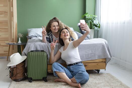 full shot women taking selfies together