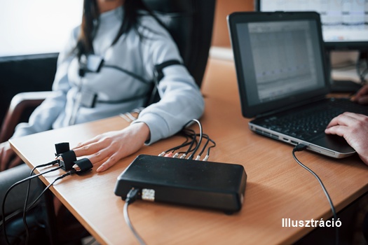 Fidelity verification. Girl passes lie detector in the office. Asking questions. Polygraph test.