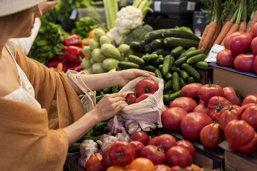 woman buying tomatoes from market place