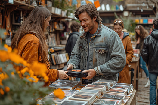 Medium shot of a lively exchange at a British backyard sale, where a full-figured British seller is passing a vintage record player to a customer, with other shoppers browsing in the background --ar 3:2 --stylize 1000 --v 6 Job ID: dc19f93a-be8f-43ef-9145-1cc20aee12af