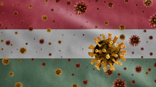 3D, Flu coronavirus floating over Hungarian flag, a pathogen that attacks the respiratory tract. Hungary banner waving with pandemic of Covid19 virus infection concept.