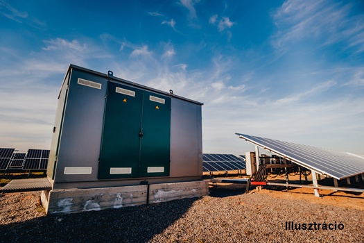 Inverter and store energy building. Solar cell park. Background