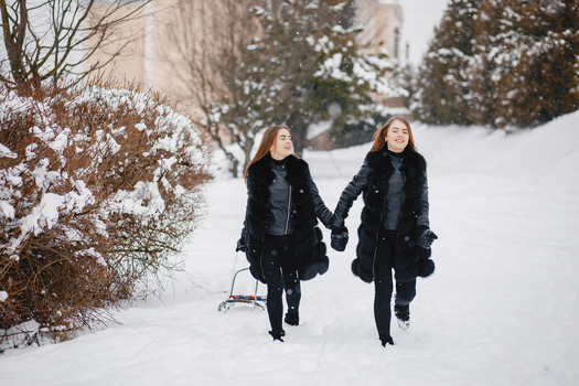 Cute girls in a winter park. Sisters have fun with sled