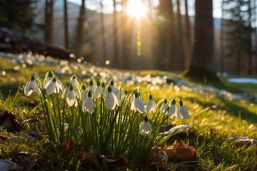 White snowdrops in the forest on a sunny day