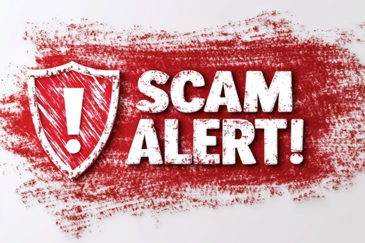 Scam alert message is written on red background with an exclamation point warning symbol for fraud and ripoff