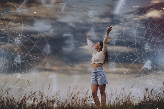 abstract numerology concept with woman full shot