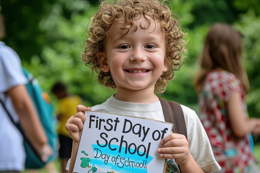 young student with big smile holding first day school sign ready photo