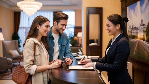couple receptionist counter hotel young couple checking hotel