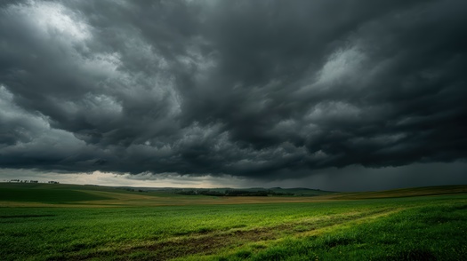 dramatic dark storm clouds green field landscape