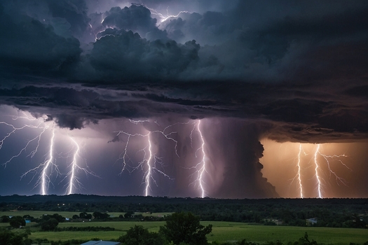 lightning storm sky field grass trees